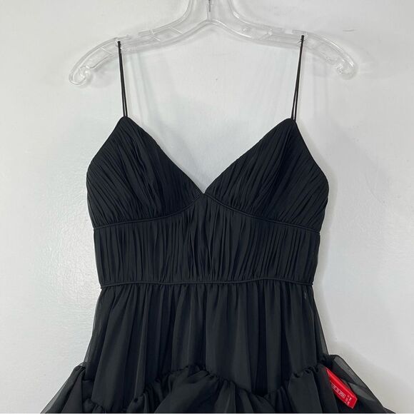 Mac Duggal 68411 Tiered Ruffled Tulle Organza Midi V-neck Dress, Black, Size 2 - Picture 6 of 9